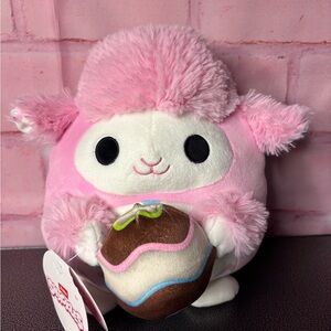 Pink Plush Lamb Holding Decorated Egg- Cute Stuffed Animal